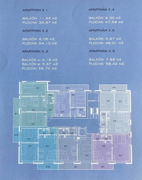 Pôdorys podlažia so 6 apartmánmi